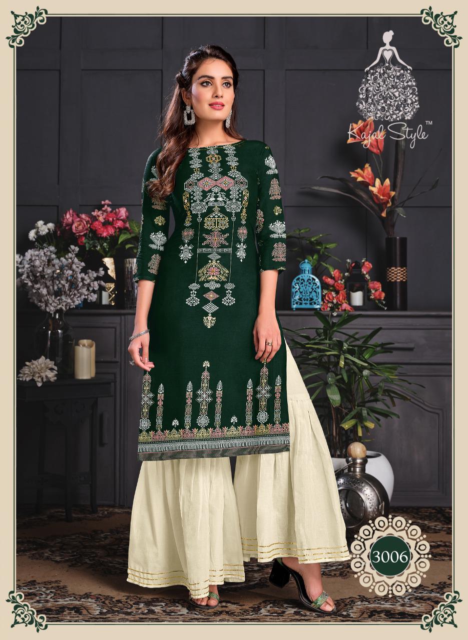 Kajal Style Fashion Galaxy Vol 3 Rayon Print Fancy Embroidery Work Kurti With Plazzo And Sharara