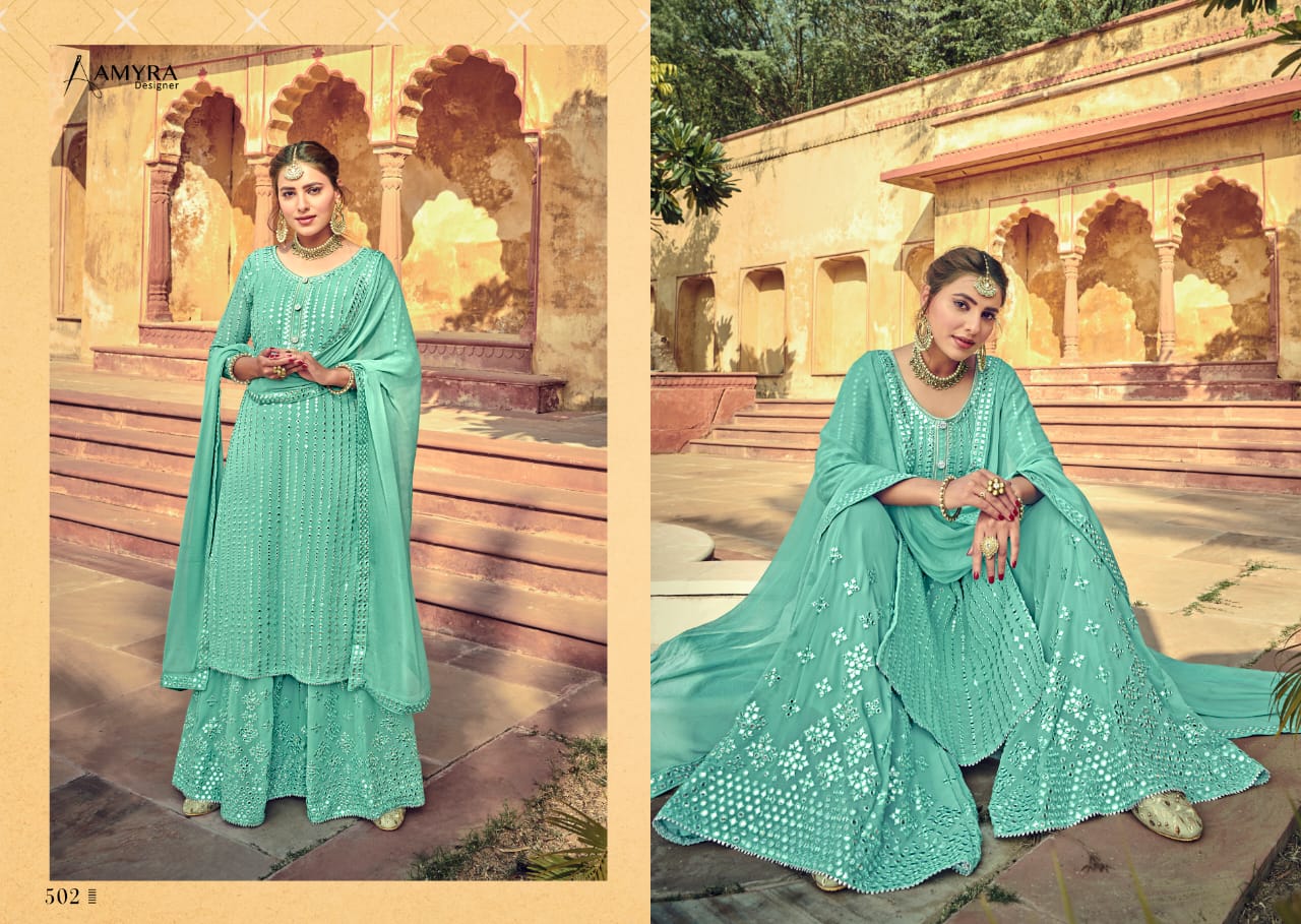 Amyra Designer Nazakat Georgette Heavy Mirror Work Sharara Bottom Party And Wedding Wear Suits