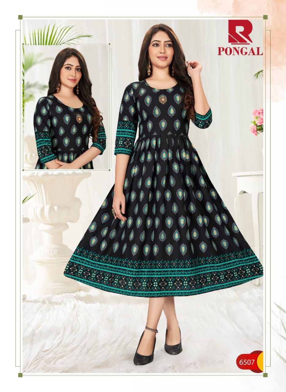 Raashi Presents Pongal Vol 2 Anarkali Style Rayon Gold Print Casual Kurti Catalogs