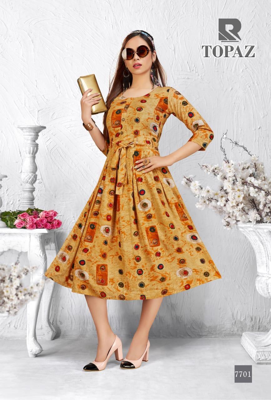 Raashi Topaz Series 7701-7708 Rayon Print Anarkali Style Kurti For Girls