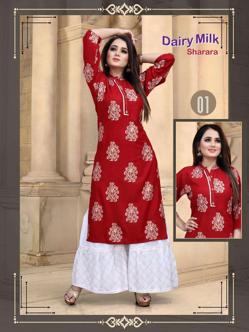 Dairy Milk Sharara By Aagya Heavy Rayon Kurti With Sharara Catalog Collection Wholeasler Best Rate Surat Inida