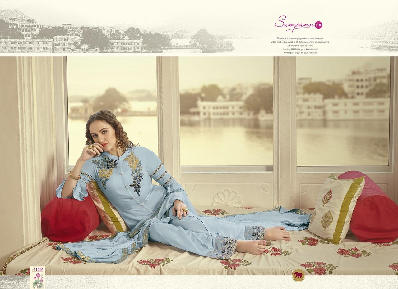 Sampann Nx Samreen Vol 11001-11006 Series Muslin Stylish Attractive Party Wear Plazzo Bottom Suit