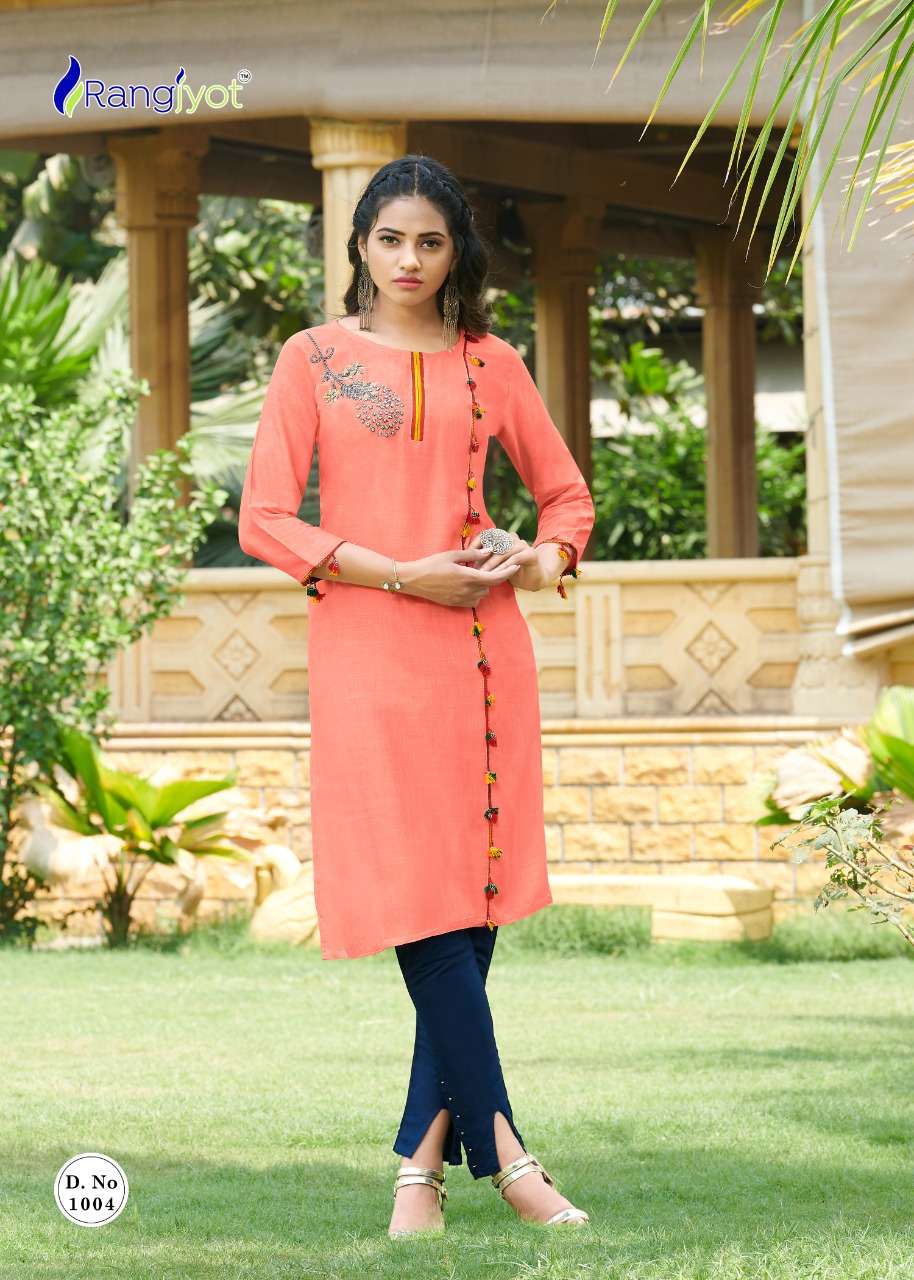 Rangjyot Kaya Series 1001-1006 Rayon Slub Kurti With Pant