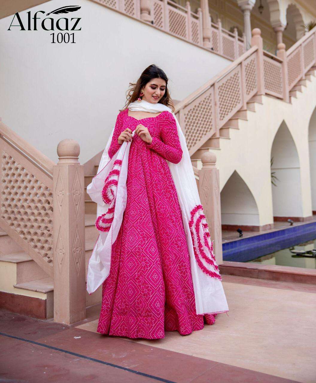Alfaaz By Stylishta Pure Maslin Bandhej Long Gown With Designer Dupatta