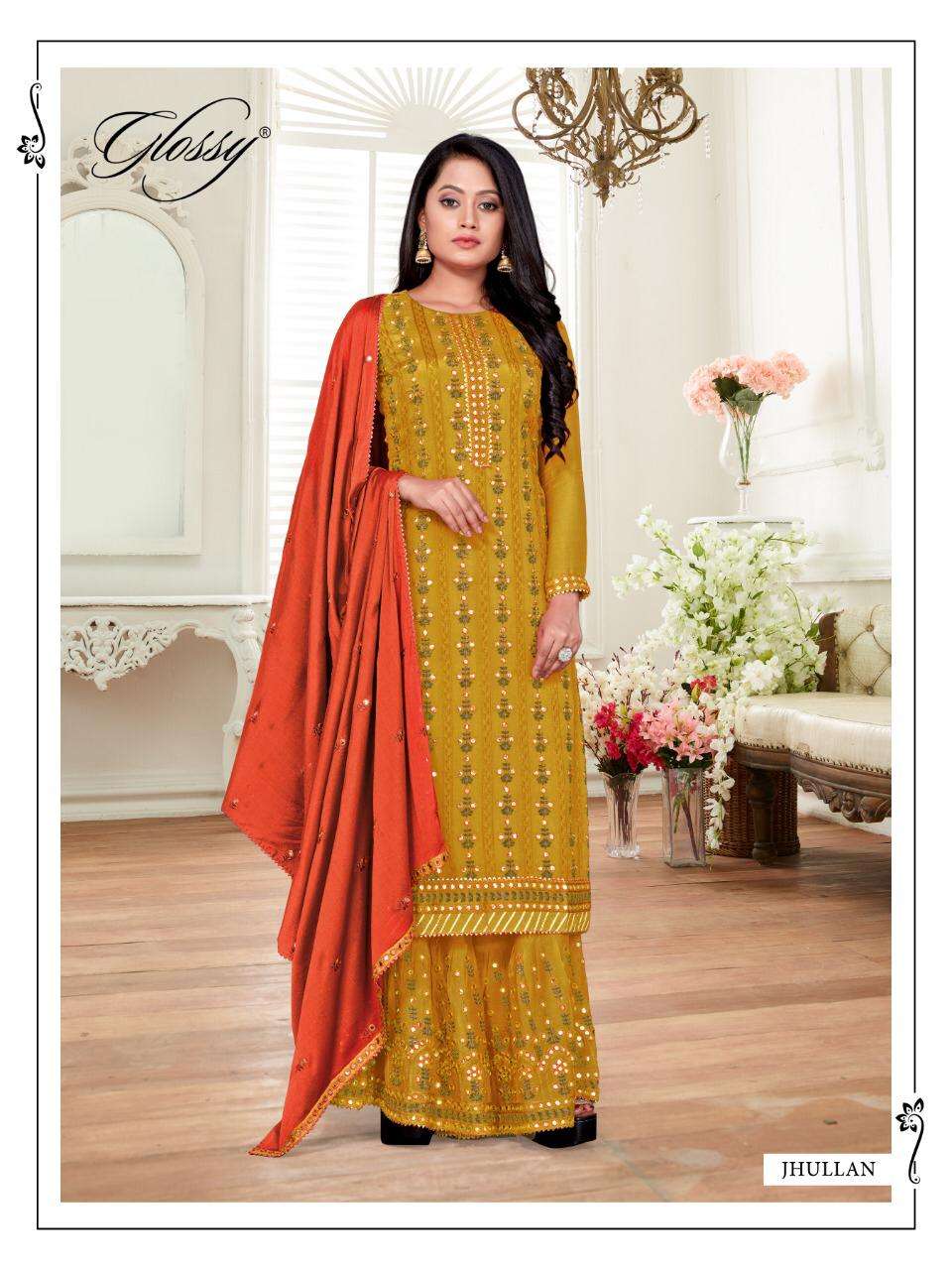 Glossy Jhullan Chinon Chiffon Mirrow Work Exclusive Salwar Kameez
