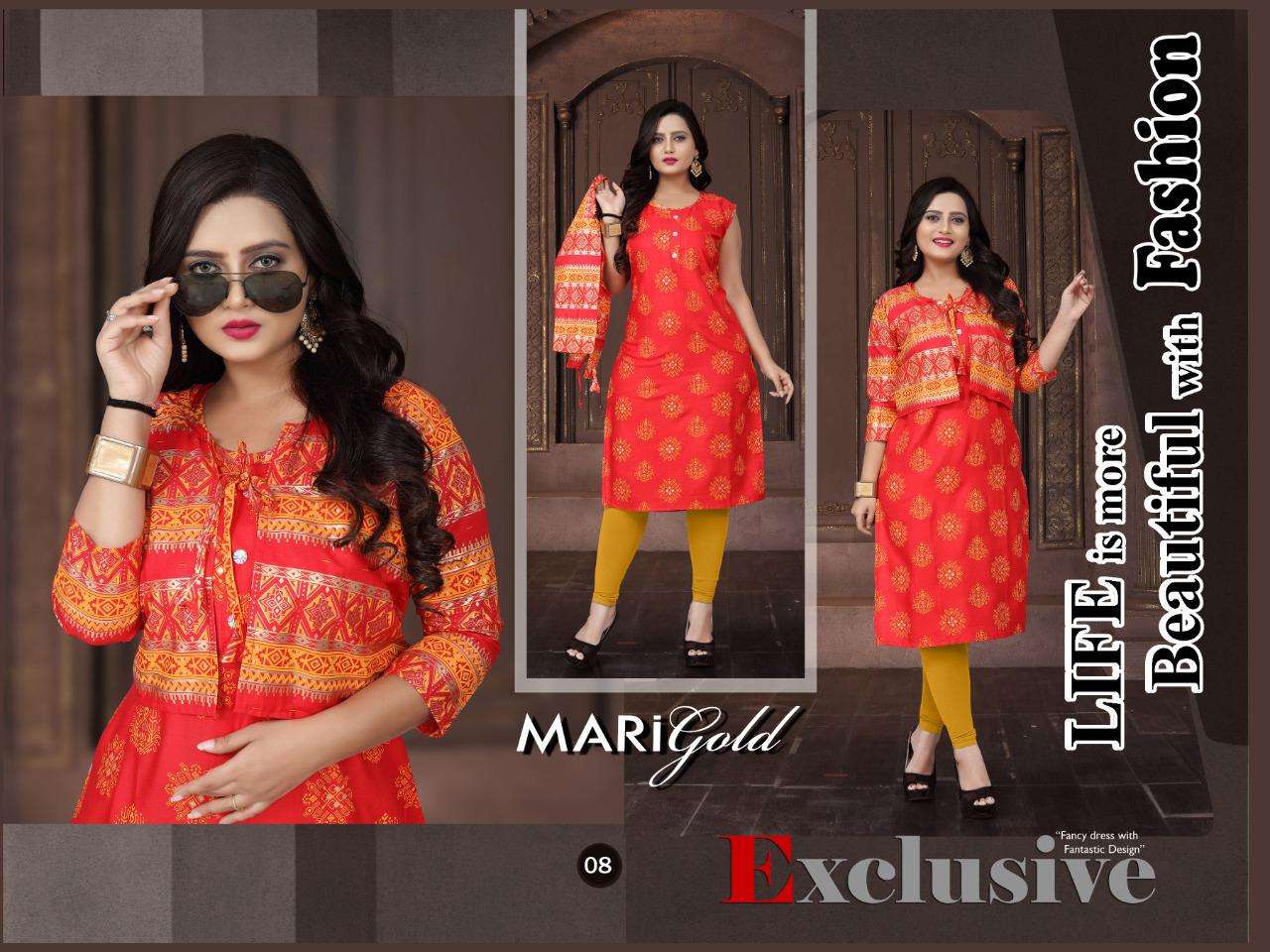Aagya Marigold Series 01-08 Heavy Rayon Gold Print Kurti With Koti
