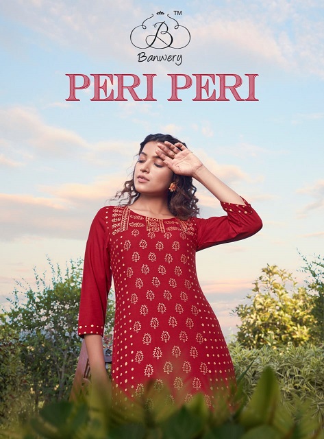 Banwery Peri Peri Series 1001-1006 Heavy 14kg Rayon Foil Print Kurti