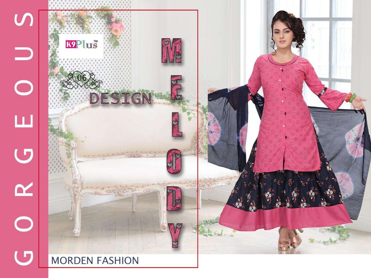 K9 Plus Melody Vol-1 701-706 Heavy Rayon Print Long Kurti With Dupatta