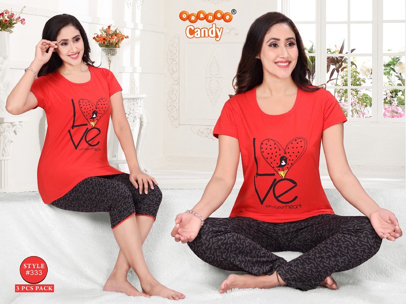 Orange Candy 3 Piece Night Suit Style No-333 Cotton Lycra Night Suit