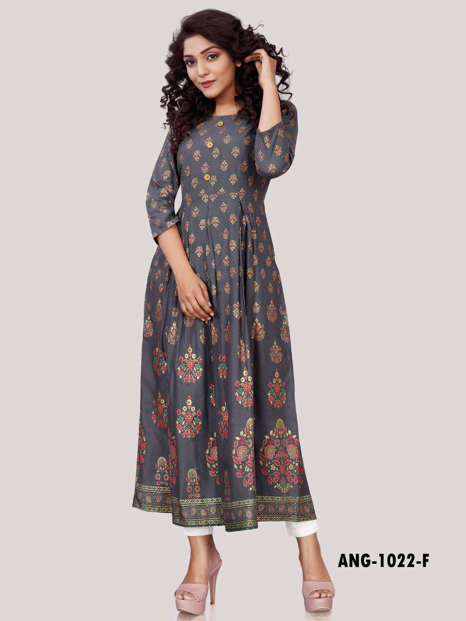 12 Angel Series Ang1022 Rayon Gold Printed Long Kurtis