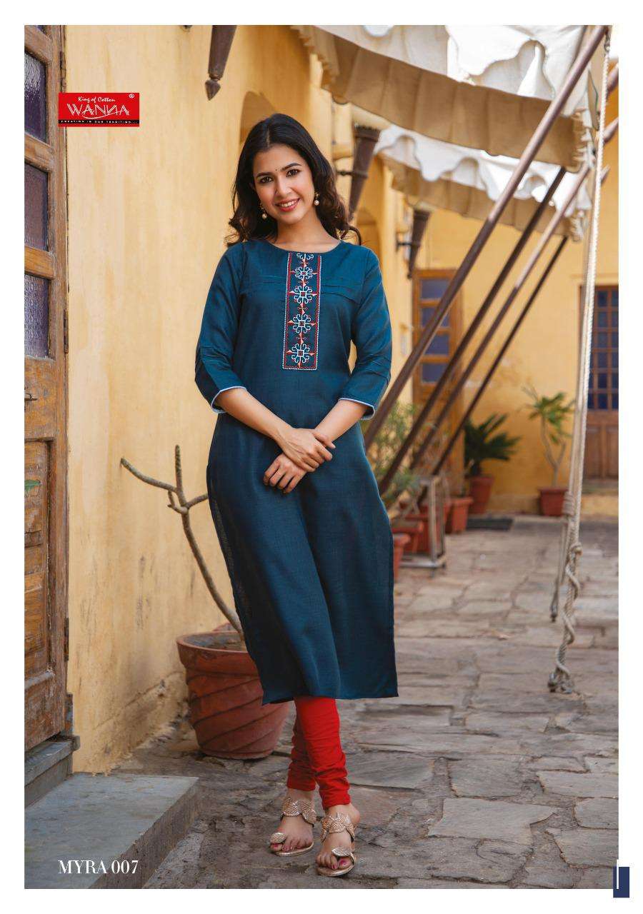 Myra By Wanna 001 To 008 Series Rayon Embroidery Kurtis At Wholesale Price