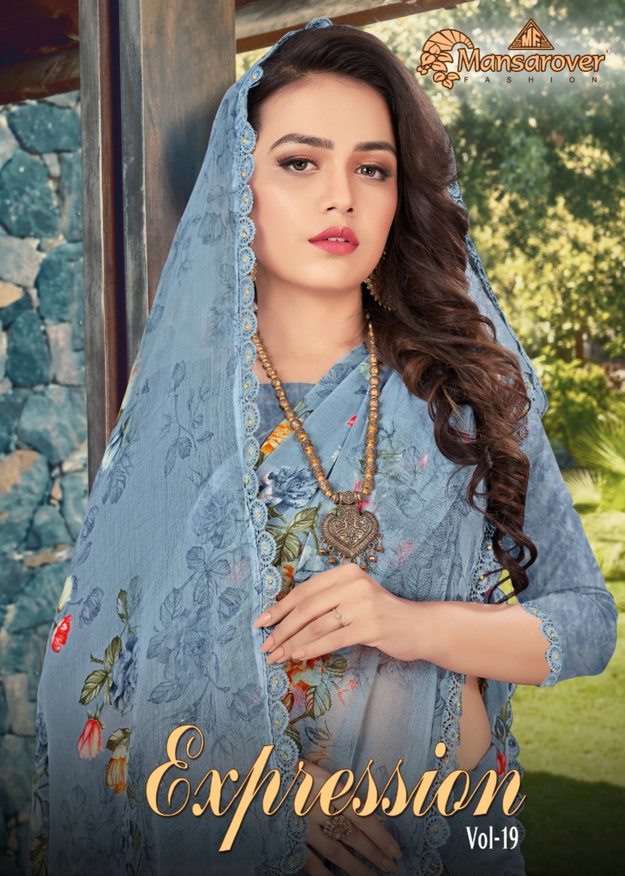 Mansarover Fashion Expression Vol-19 Pure Chiffon Digital Print With Exclusive Dyebale Crosia Border With Diamond Saree