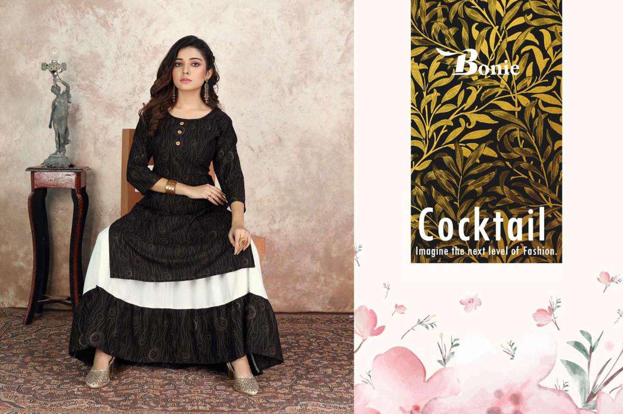 Cocktail By Bonie Heavy Rayon Kurti With Skirt Gold Foil Print Long Kurti