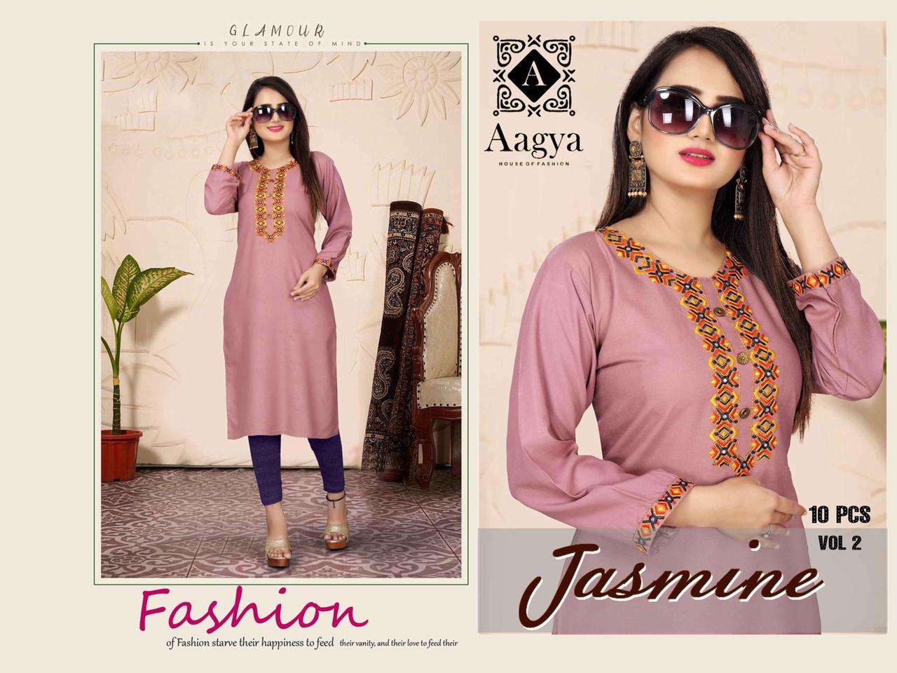 Aagya Jasmin Vol-2 Series 001-010 Heavy Rayon With Work Kurti