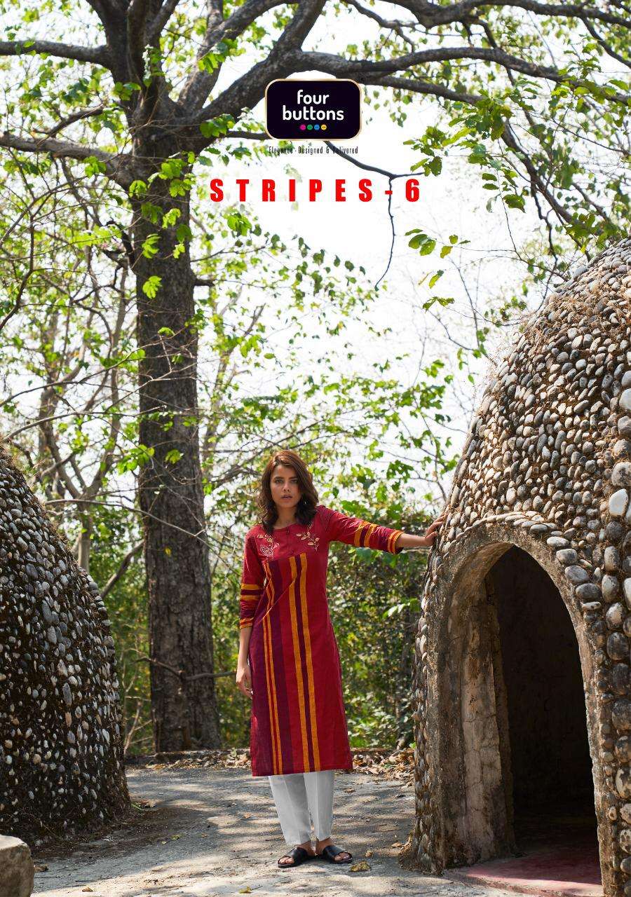 Four Buttons Stripes Vol-6 Series 3191-3198 Woven Cotton Kurti