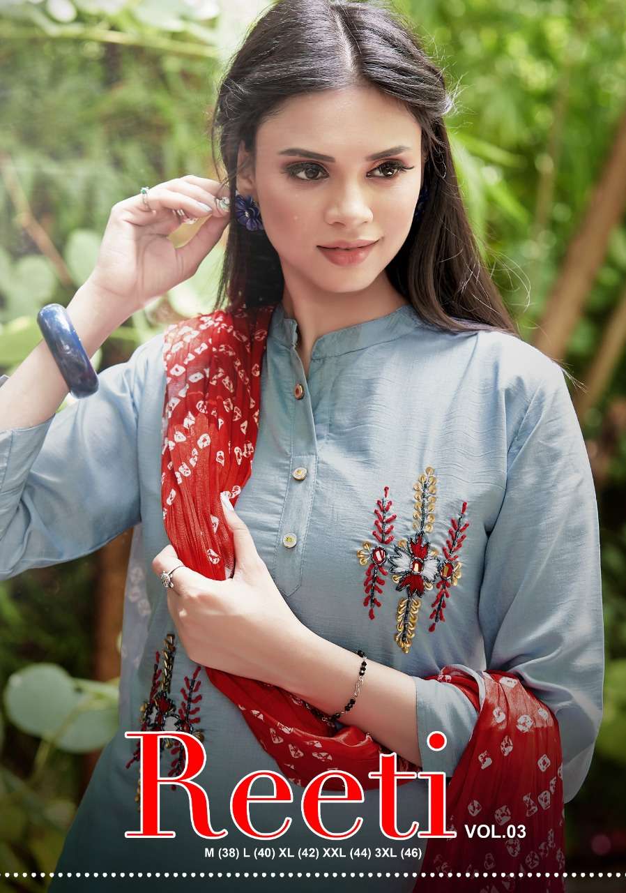 Reeti Vol 3 By Jhala Impex Maslin Silk Handwork Kurti With Chinon Dupatta