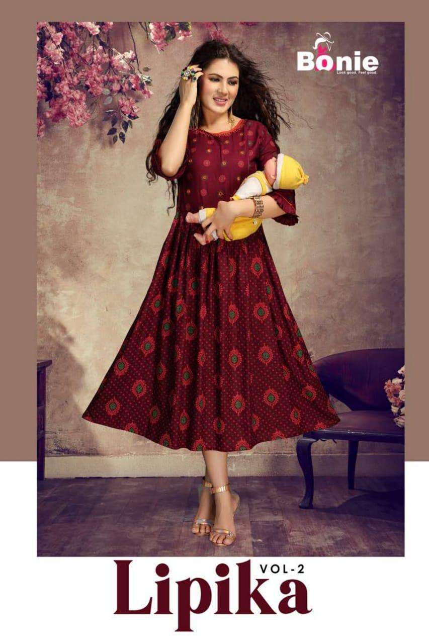Lipika Vol.2 By Bonie Heavy Rayon Foil Feeding Mother Top Kurti Catlog