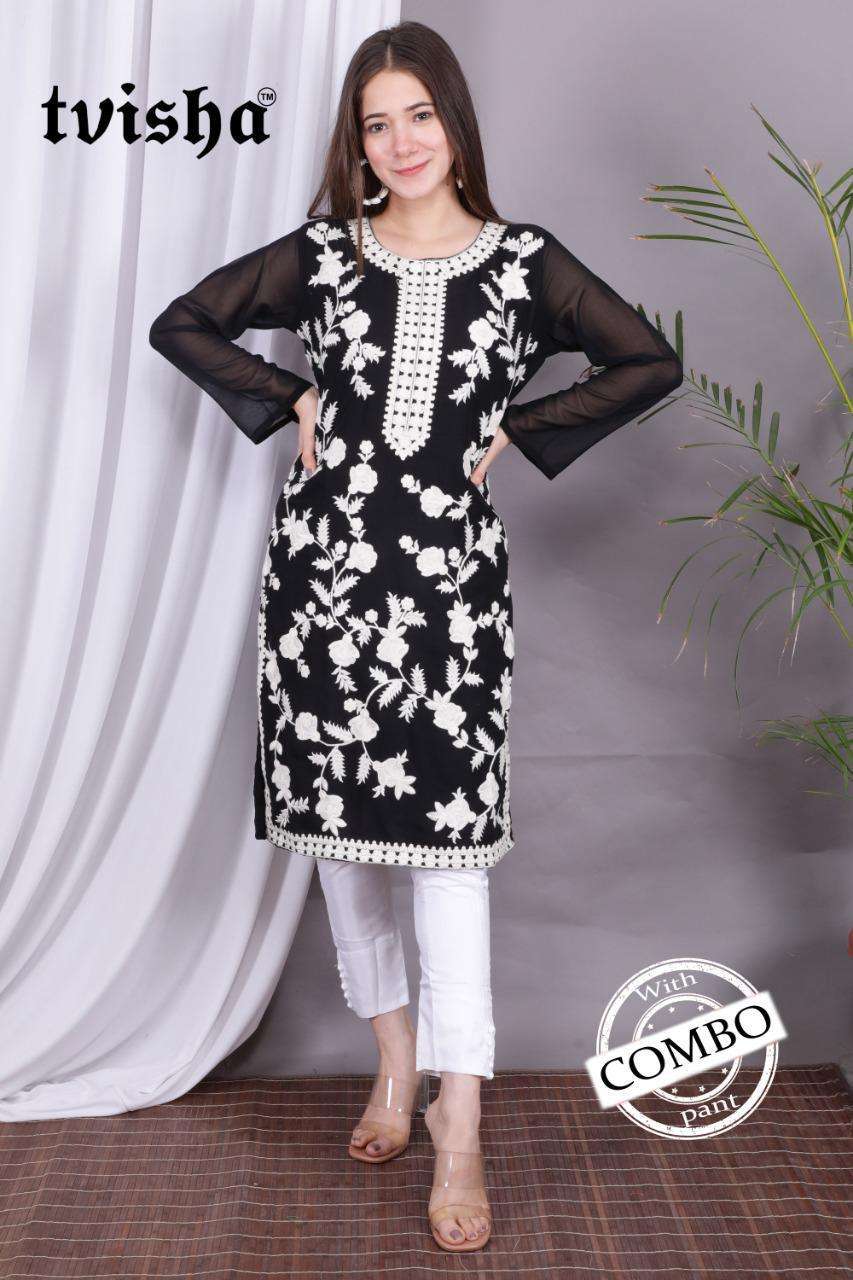 Vf Tvisha Present Aafreen Georgette Work Kurti With Silk Satin Bottom Collection