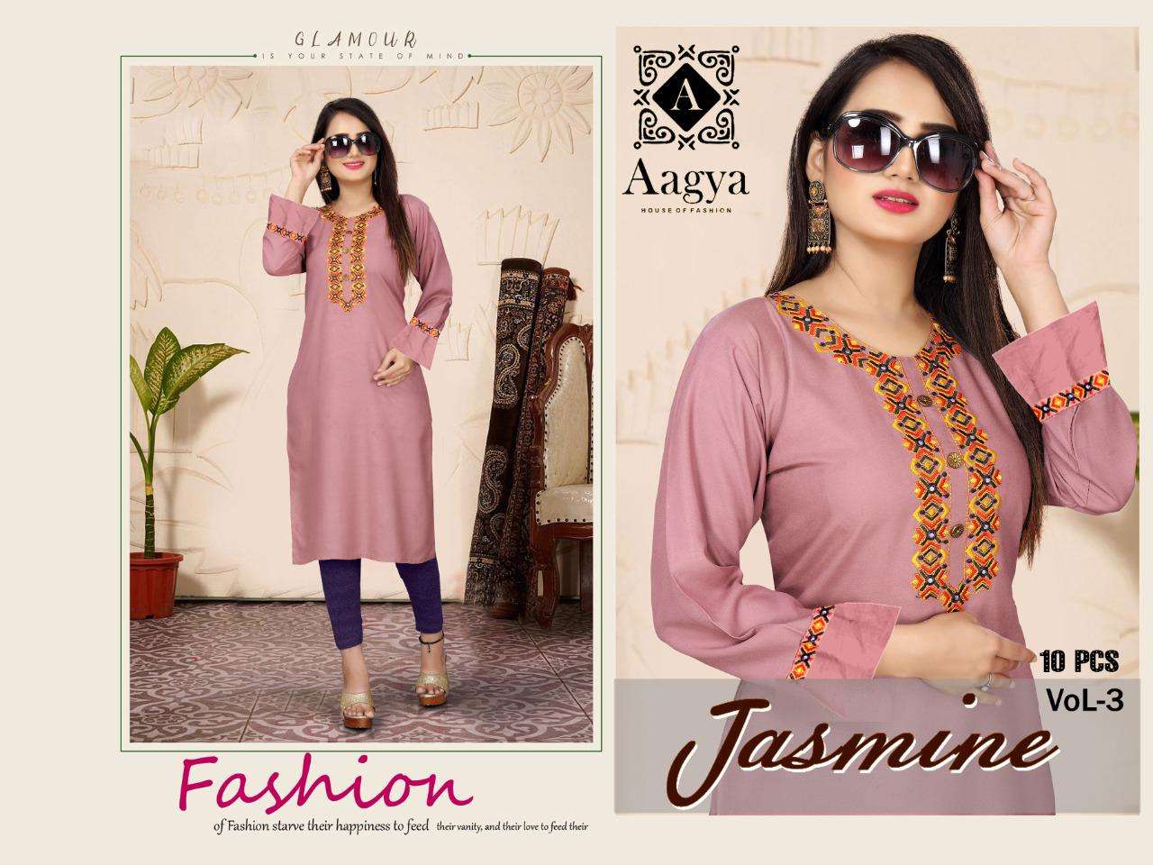 Aagya Jasmine Vol-3 Series 001-010 Heavy Rayon With Work Kurti