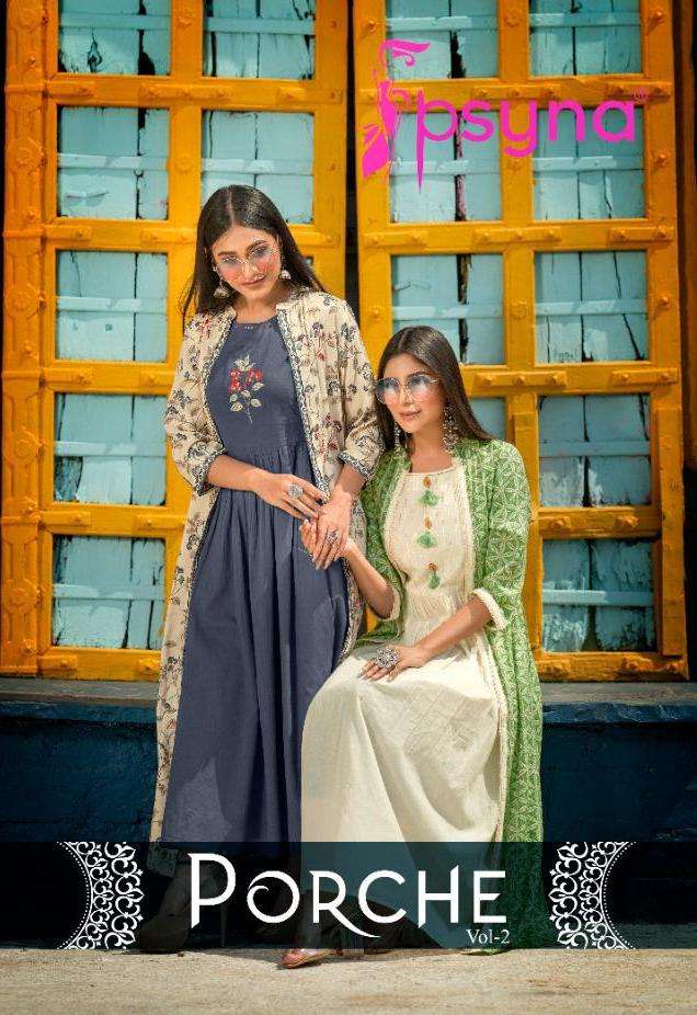 Psyna Porche Vol 2 Rayon Designer Kurti With Full Flair Shrug Collection