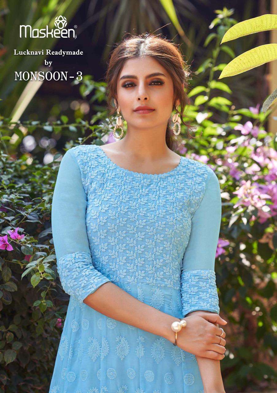 Monsson Vol 3 By Maskeen Georgette Lakhnawi Work Kurti With Pant Collection
