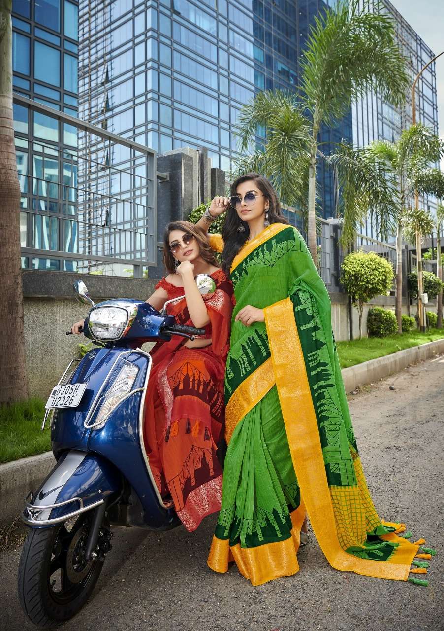 Howrah Bridge By Triveni Cotton Linen Printed Designer Saree