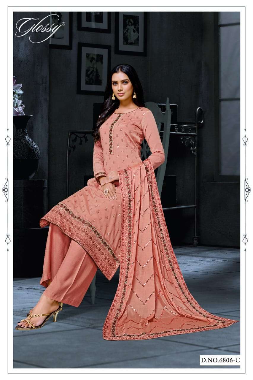 GLOSSY 6806 PURE CHINON EMBROIDERY ETHNIC PARTY WEAR SUITS