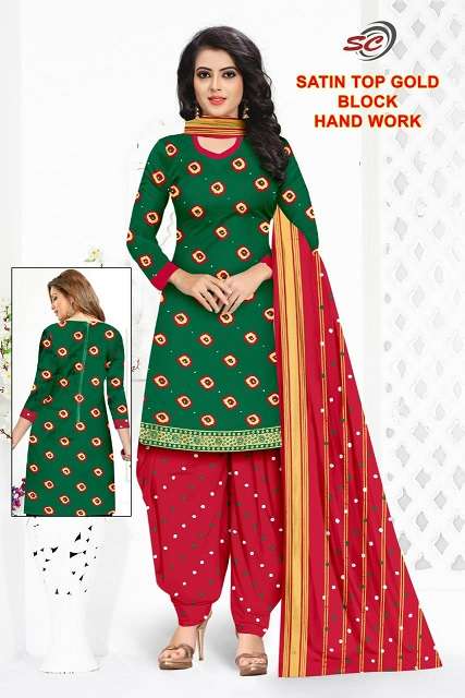 SC SATIN TOP GOLD BLOCK HAND WORK SATIN SUIT