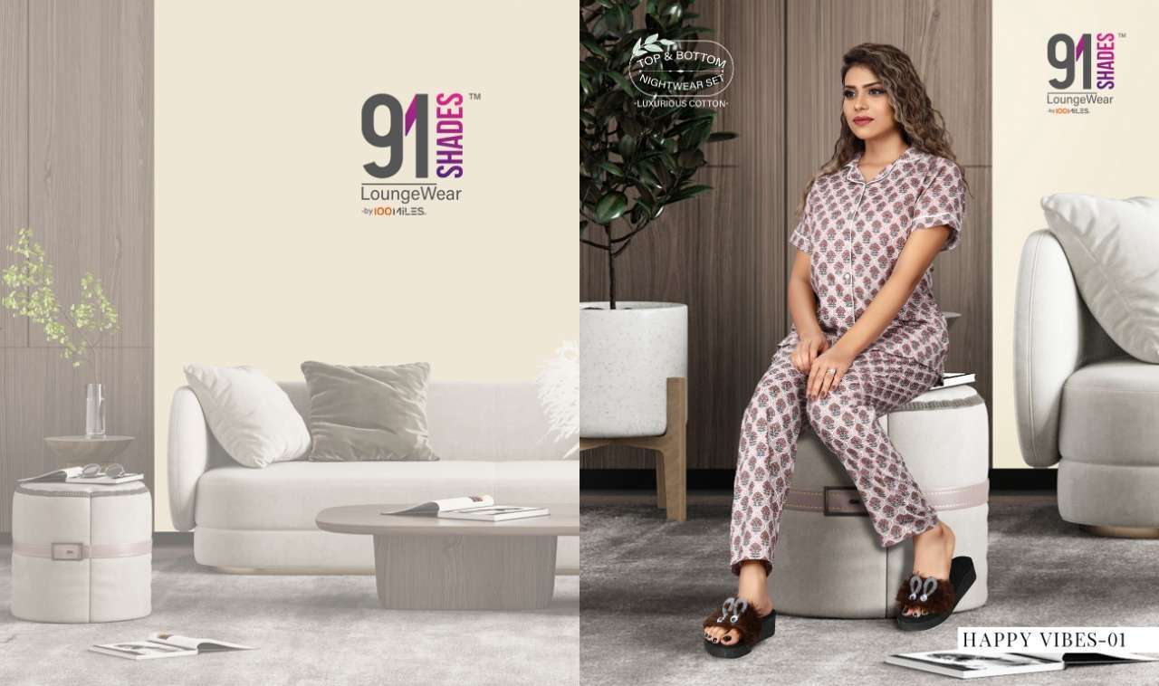91SHADES HAPPY VIBES COTTON DESIGNER LADIES NIGHT SUITS