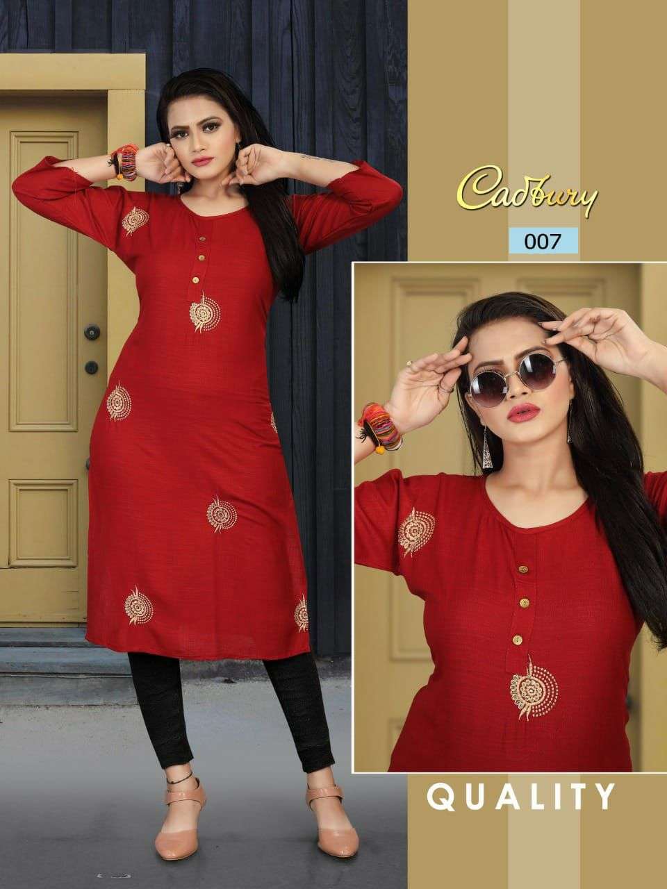 CADBURY BY TRENDY HEAVY RAYON SLUB WITH WORK KURTI CATLOG WHOLESALER BEST RATE SURAT