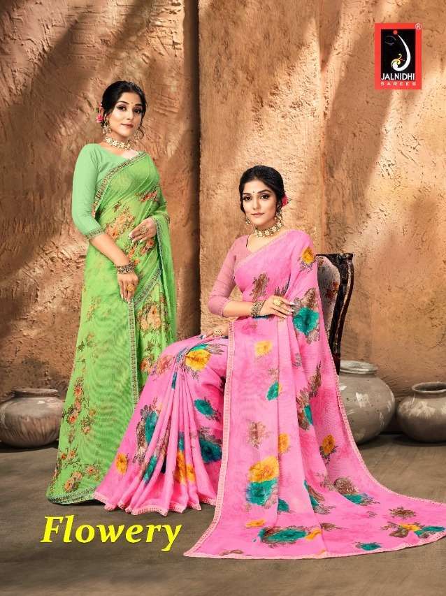 jalnidhi flowery series 7501-7508 moss chiffon saree