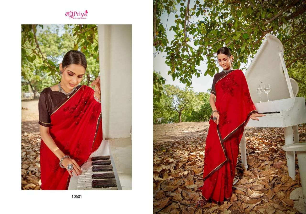 madhupriya shikha series 10601-10610 chiffon with flower print saree