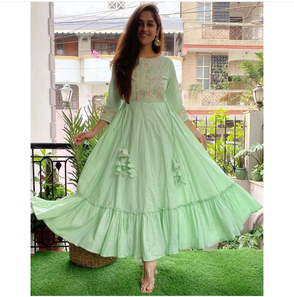 X-LADY GREEN COLOUR DESIGNER PREMIUM RAYON COTTON GOWN 
