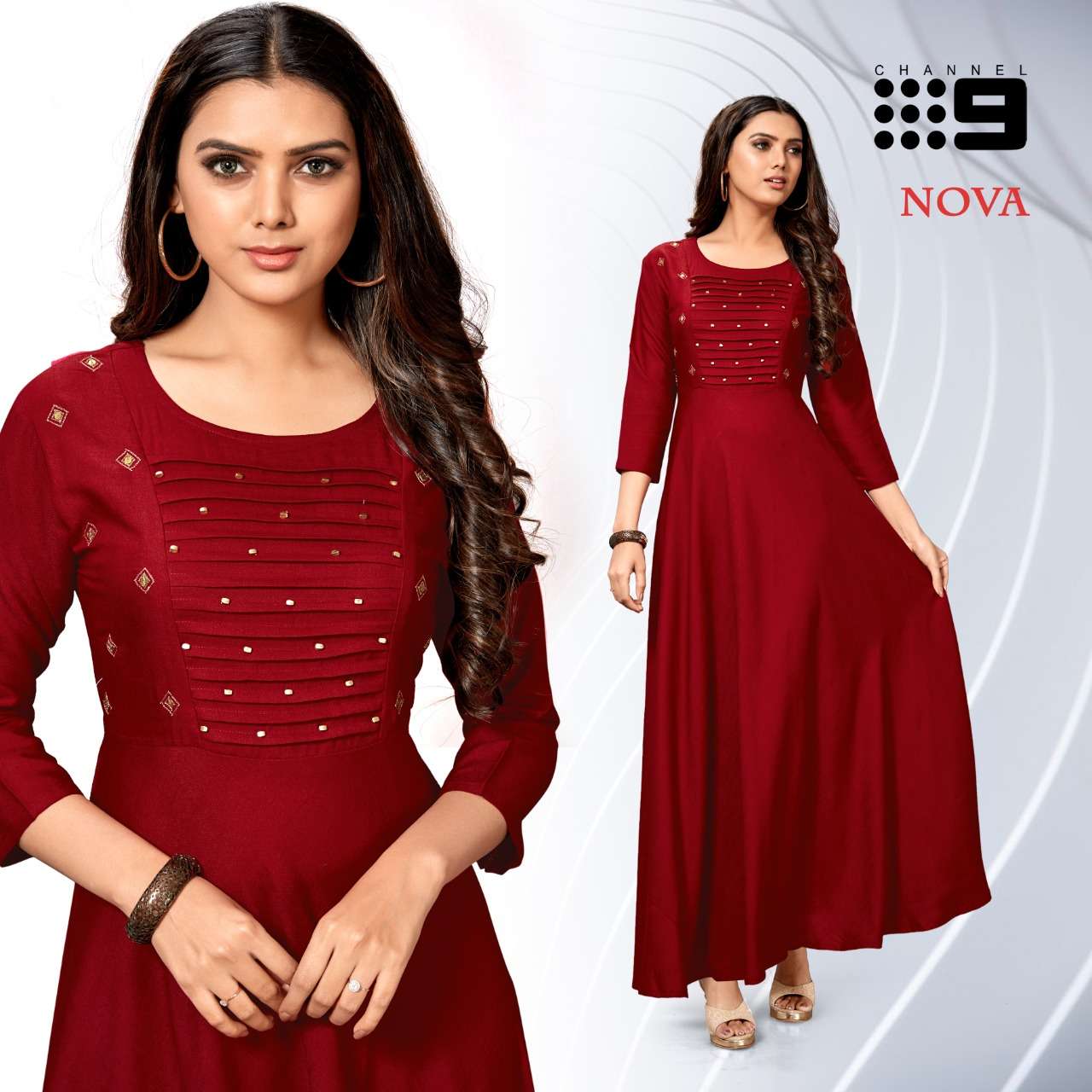 Channel 9 Nova rayon full flair with khalti Hand work Sleeves kurti
