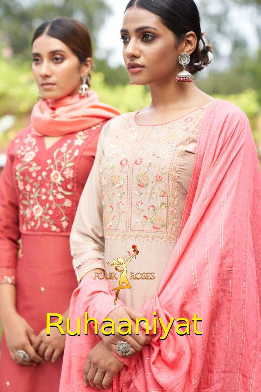 four roses ruhaniyat series 1001-1006 chinnon self dobby embroidery suit