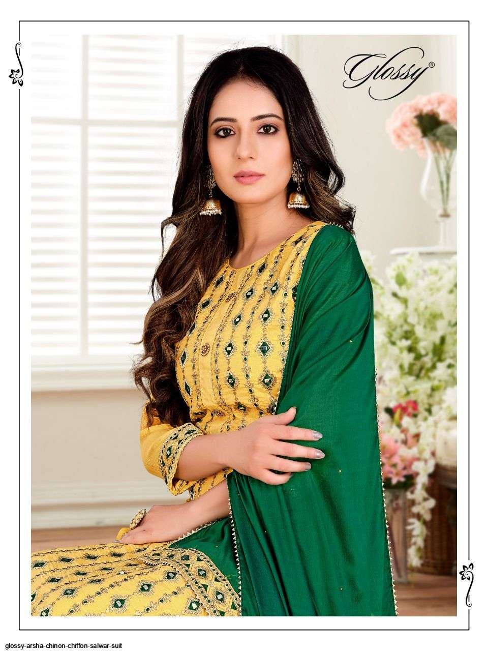 glossy arsha pure chinon chiffon mirror embroidery work suits