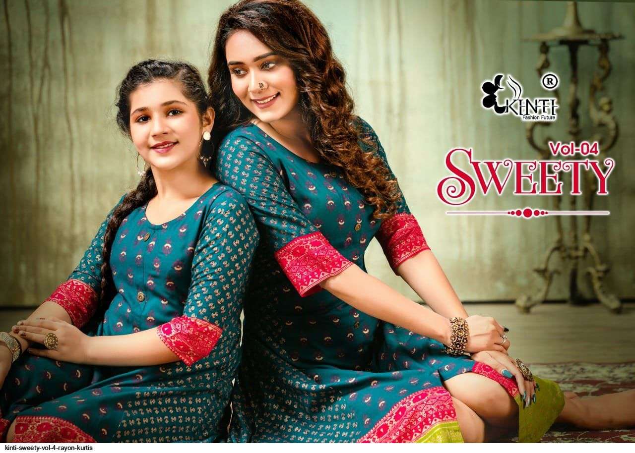 kinti sweety vol 4 series 401-410 Heavy Rayon 14 kg Foil Print mom and daughter kurti set