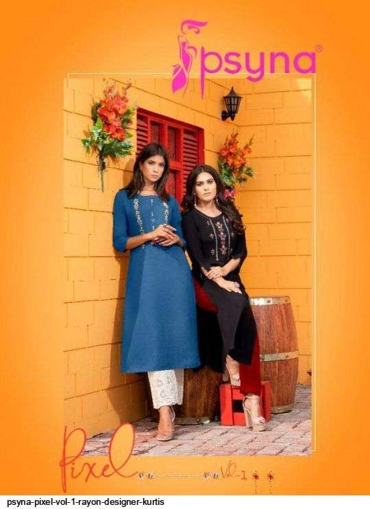 Psyna Pixel series 1001-1008 Rayon Slub Embroidery Kurtis with Handwork