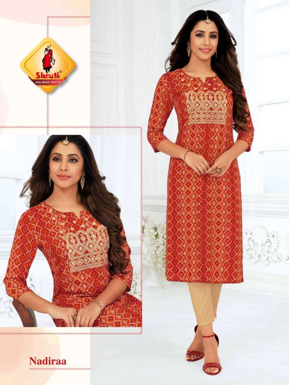 shruti bindiya Bandhani Digital Heavy Modal Rayon with thread embroidery work kurti