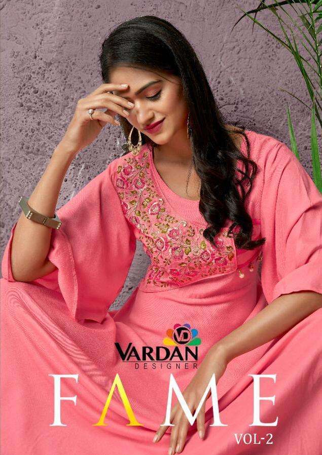 vardan designer fame vol 2 series 6035-603814Kg Heavy Rayon Long Kurti 