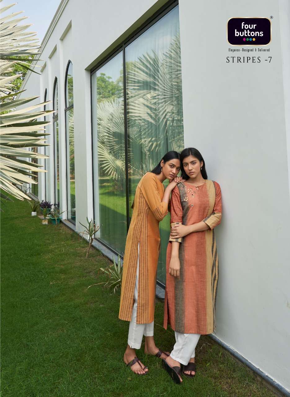 four buttons stripes vol 7 series 4001-4006 pure woven cotton kurti