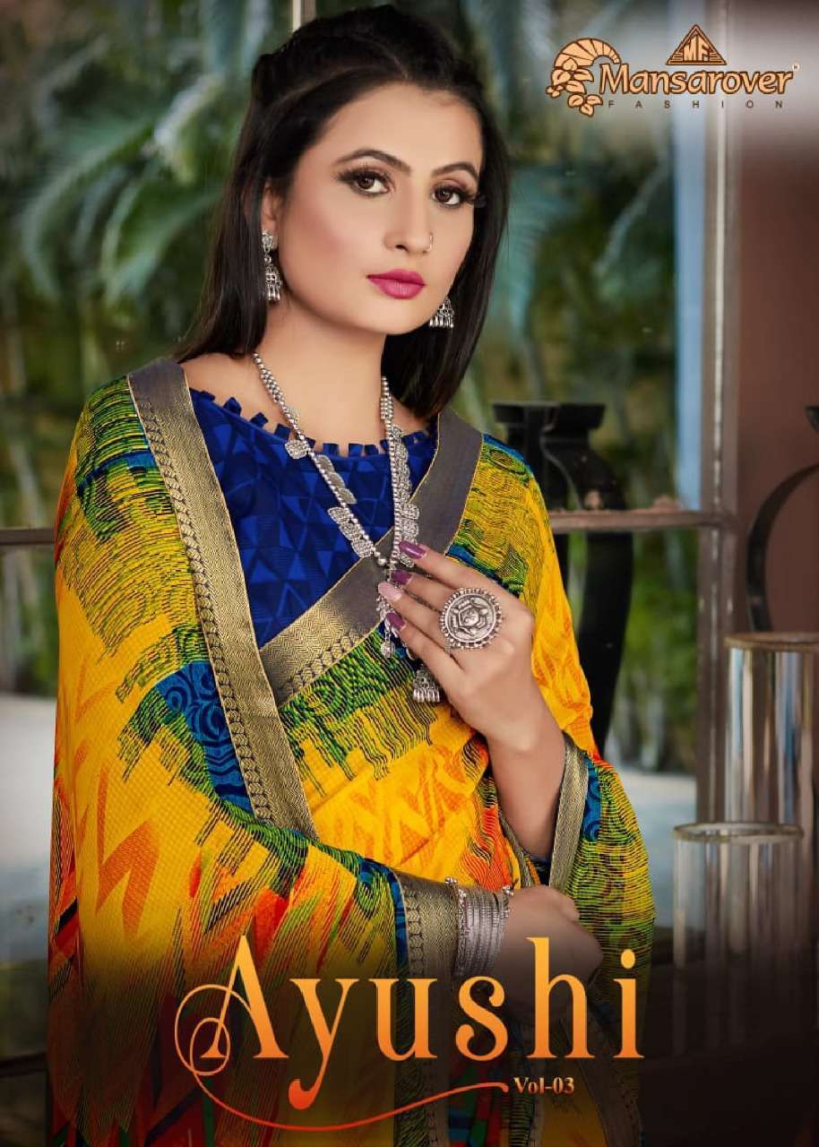mansarover fashion ayushi series 3001-3008 semi weightless print saree