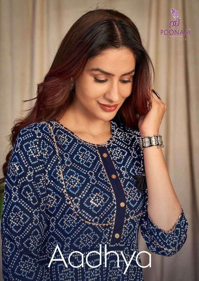 poonam aadhya series 1001-1006 pure rayon bandhani printed kurti 