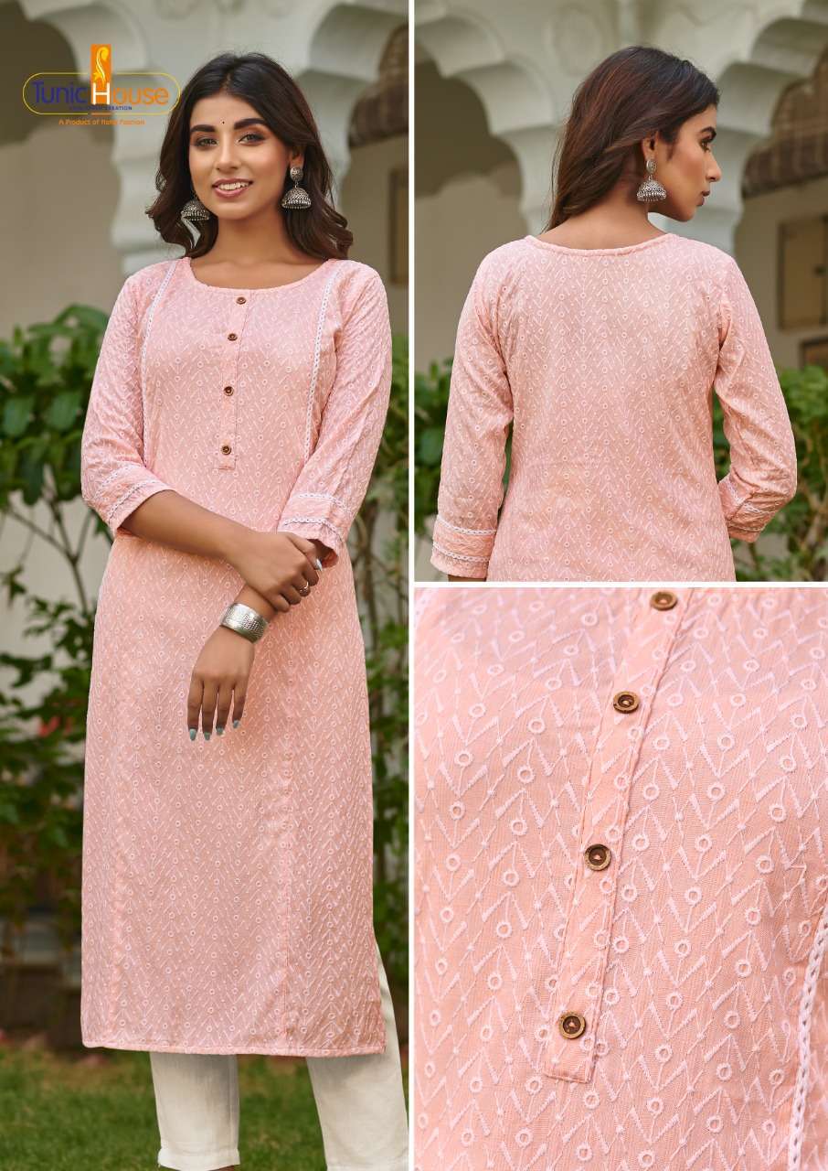 tunic house super star viscose self blended pattern rayon kurti (pink)
