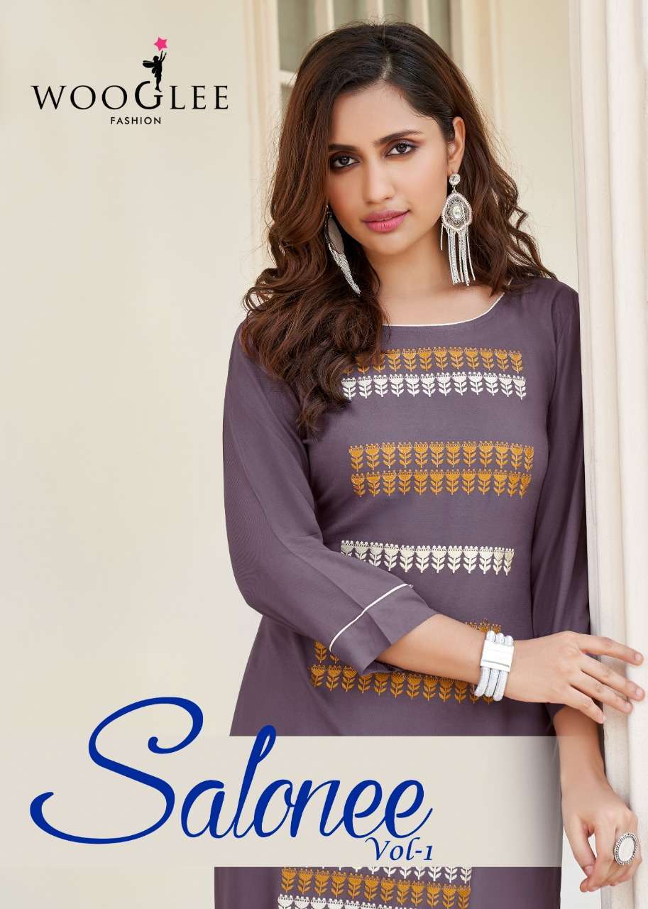 wooglee salonee vol 1 series 3001-3006 heavy rayon work kurti 