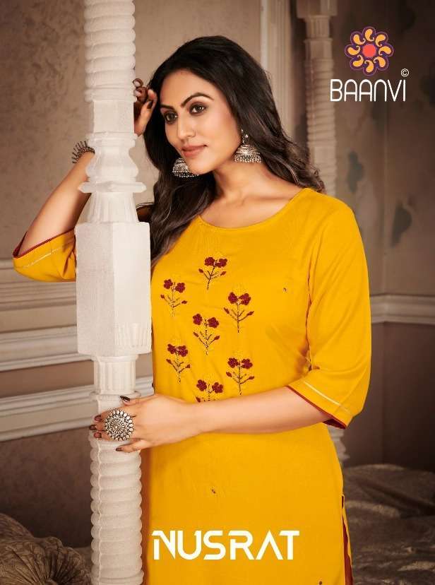 baanvi nusrat vol 1 series 101-104 rayon slub hand work kurti 