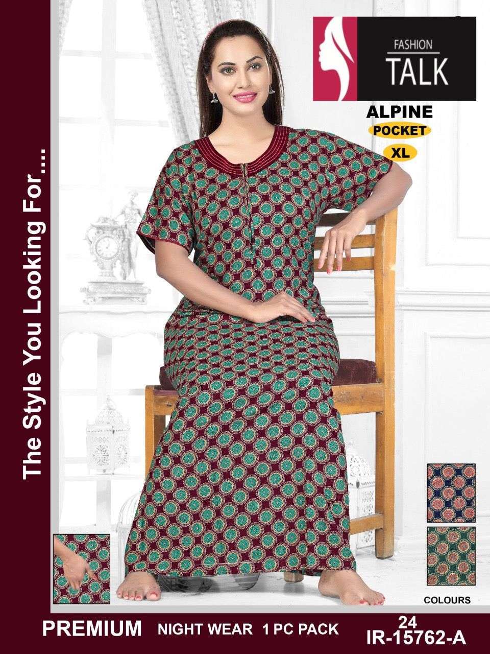 fashion talk vol-15762 Alpine Quality Pocket Printed night Gown