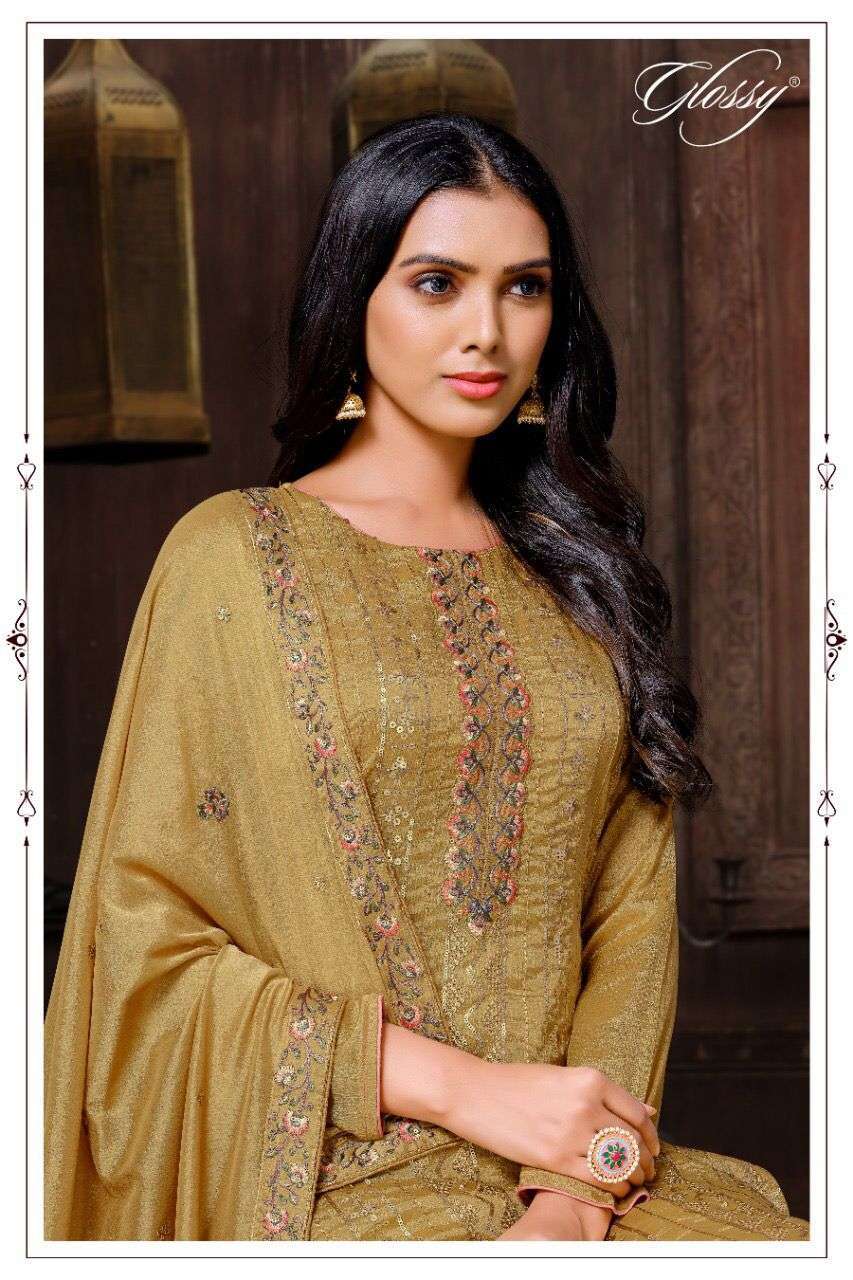 glossy design 77 pure chinon embroidery work suit 