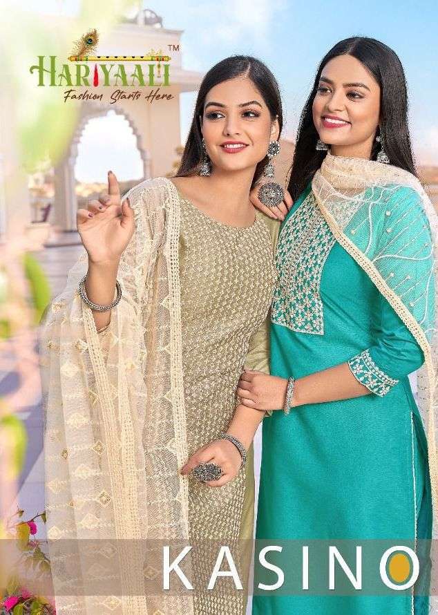 hariyaali kasino series 1101-1106 Viscose silk fabric with Lakhnavi work suit