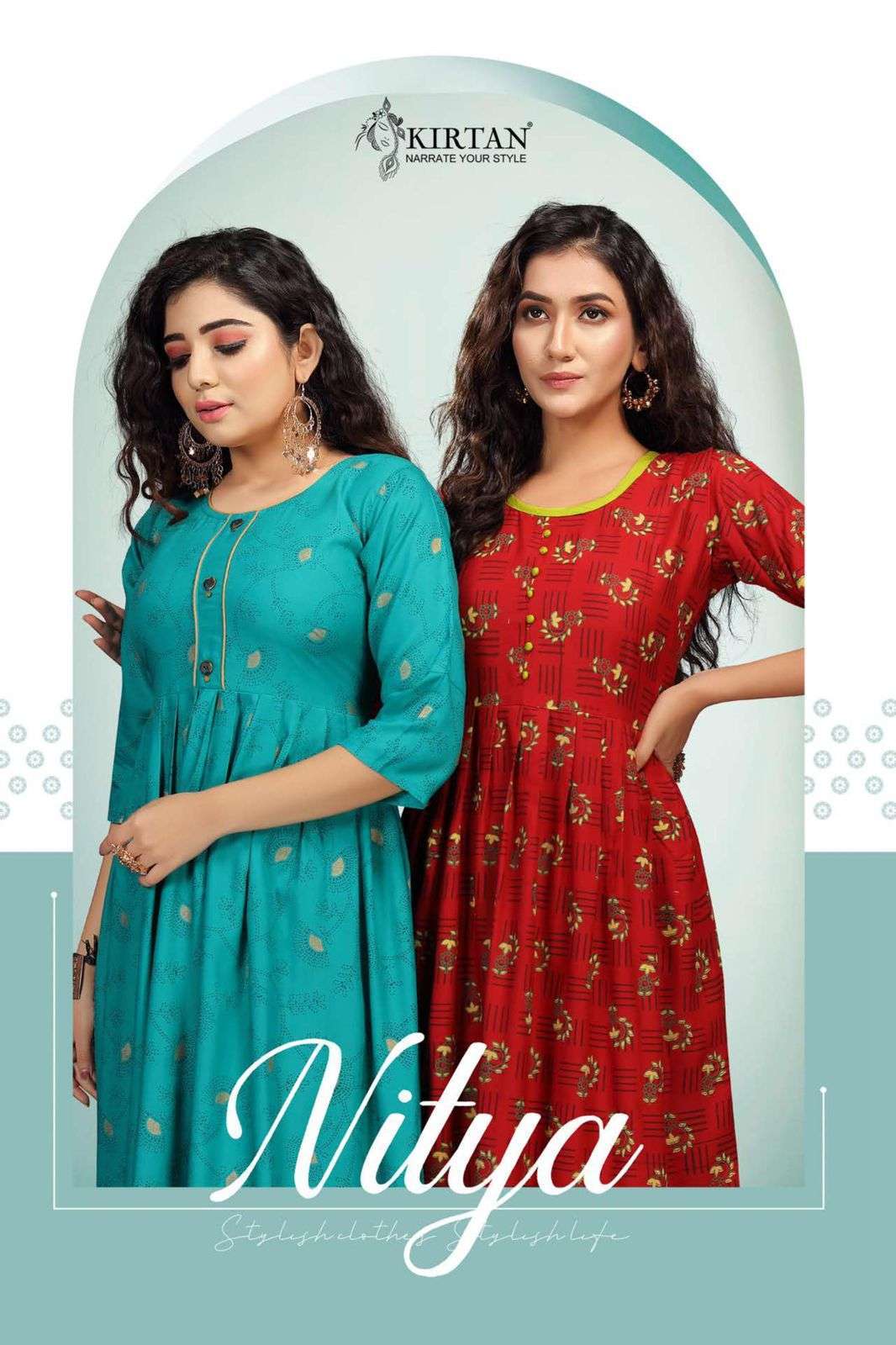 kirtan nitya series 101-108 rayon print flair patter kurti 